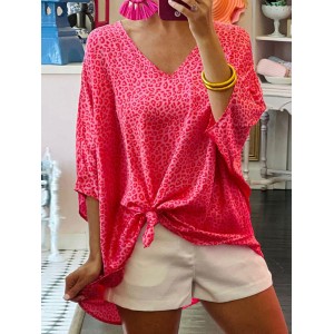 Leopard Batwing Sleeves Half Sleeves V-Neck T-Shirts Tops