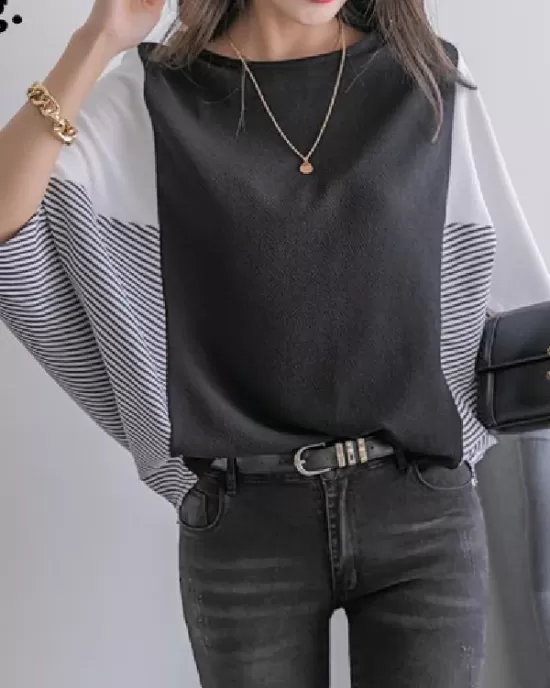 Contrast Color Split-Joint Batwing Sleeves Loose Round-Neck T-Shirts Tops