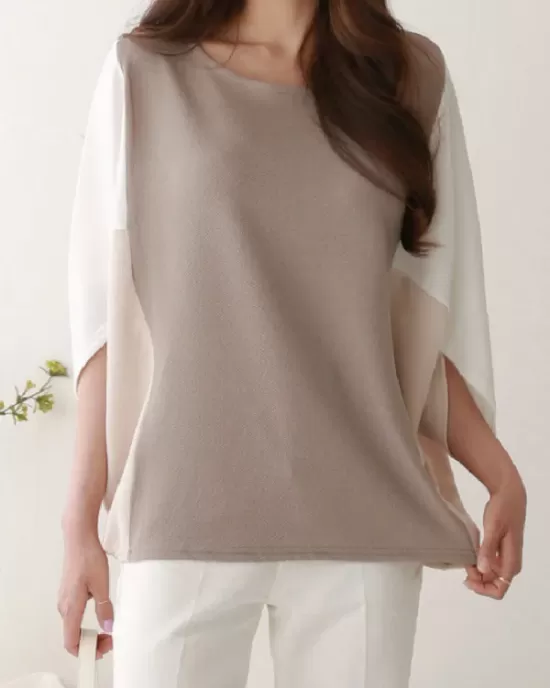 Contrast Color Split-Joint Batwing Sleeves Loose Round-Neck T-Shirts Tops