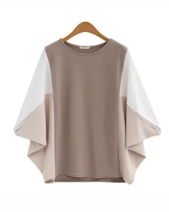 Contrast Color Split-Joint Batwing Sleeves Loose Round-Neck T-Shirts Tops