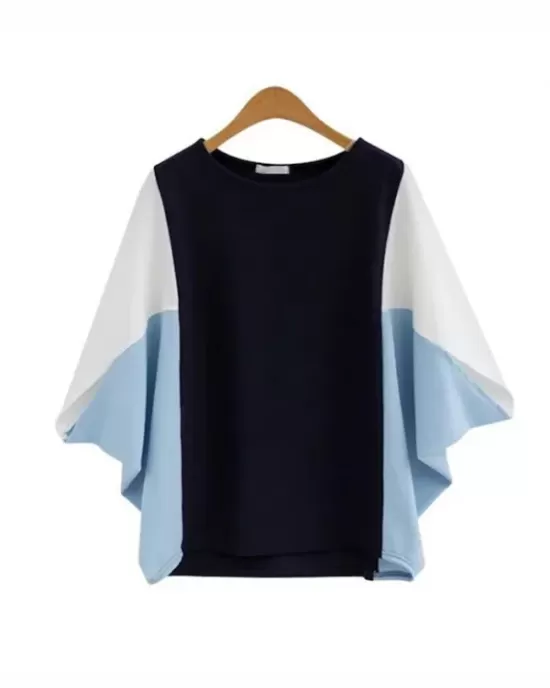 Contrast Color Split-Joint Batwing Sleeves Loose Round-Neck T-Shirts Tops