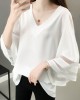 Gauze See-Through Solid Color Split-Joint Long Sleeves Loose V-Neck T-Shirts Tops