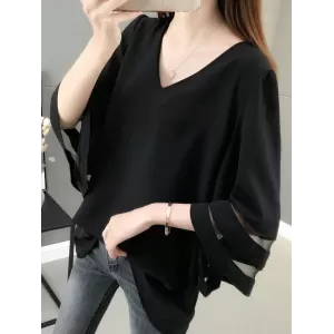 Gauze See-Through Solid Color Split-Joint Long Sleeves Loose V-Neck T-Shirts Tops