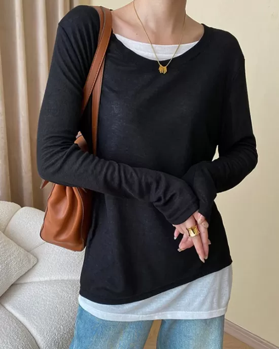 Asymmetric Split-Joint False Two Long Sleeves Round-Neck T-Shirts Tops