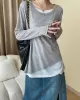 Asymmetric Split-Joint False Two Long Sleeves Round-Neck T-Shirts Tops