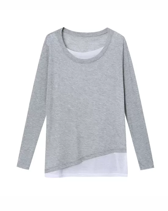 Asymmetric Split-Joint False Two Long Sleeves Round-Neck T-Shirts Tops