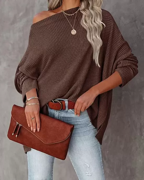 Solid Color Split-side Long Sleeves Loose Boat Neck T-shirts