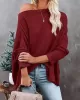 Solid Color Split-side Long Sleeves Loose Boat Neck T-shirts