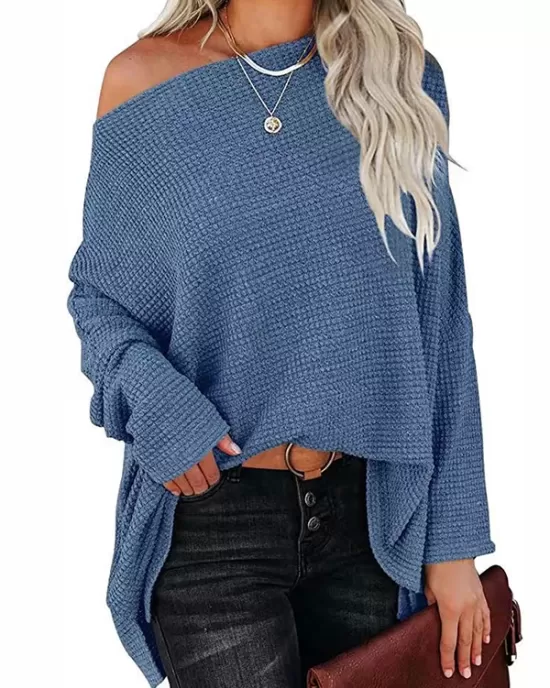 Solid Color Split-side Long Sleeves Loose Boat Neck T-shirts