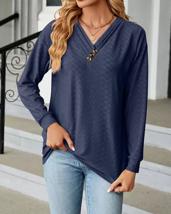 Split-Joint Long Sleeves Loose V-Neck T-Shirts