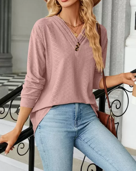 Split-Joint Long Sleeves Loose V-Neck T-Shirts