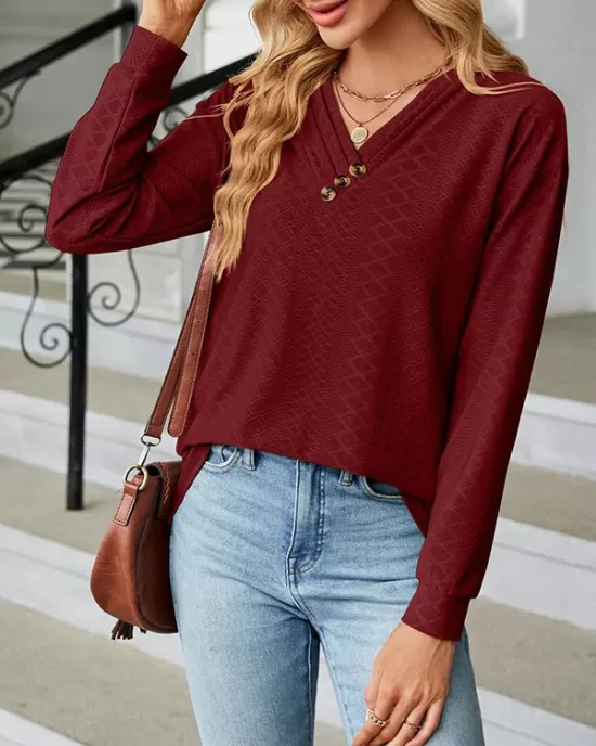 Split-Joint Long Sleeves Loose V-Neck T-Shirts