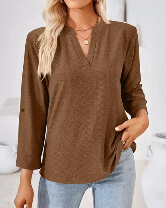 Jacquard Solid Color Loose Three-Quarter Sleeves V-Neck T-Shirts