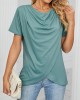 Pleated Solid Color Split-Joint Loose Short Sleeves Round-Neck T-Shirts