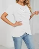 Pleated Solid Color Split-Joint Loose Short Sleeves Round-Neck T-Shirts