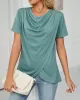 Pleated Solid Color Split-Joint Loose Short Sleeves Round-Neck T-Shirts