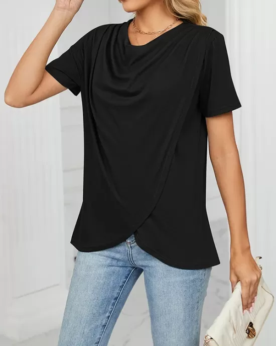 Pleated Solid Color Split-Joint Loose Short Sleeves Round-Neck T-Shirts