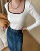 Contrast Color Long Sleeves Skinny Square-Neck T-Shirts Tops