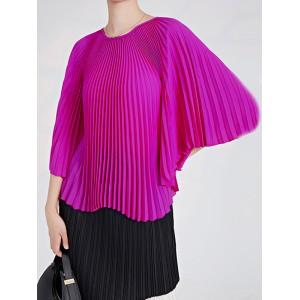 Pleated Solid Color Batwing Sleeves Loose Round-Neck T-Shirts Tops