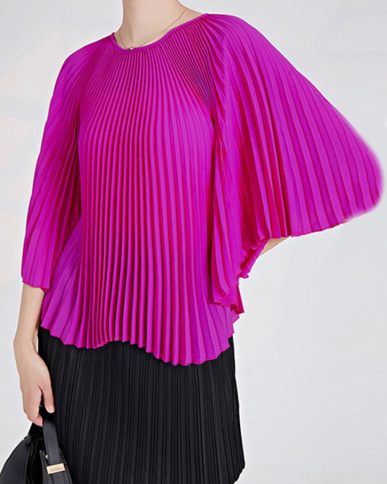 Pleated Solid Color Batwing Sleeves Loose Round-Neck T-Shirts Tops