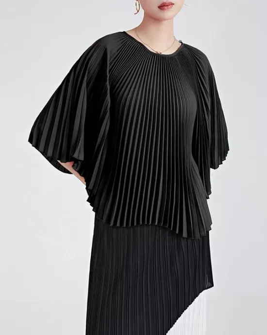 Pleated Solid Color Batwing Sleeves Loose Round-Neck T-Shirts Tops