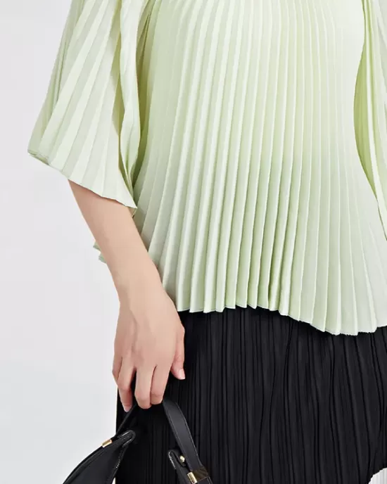 Pleated Solid Color Batwing Sleeves Loose Round-Neck T-Shirts Tops