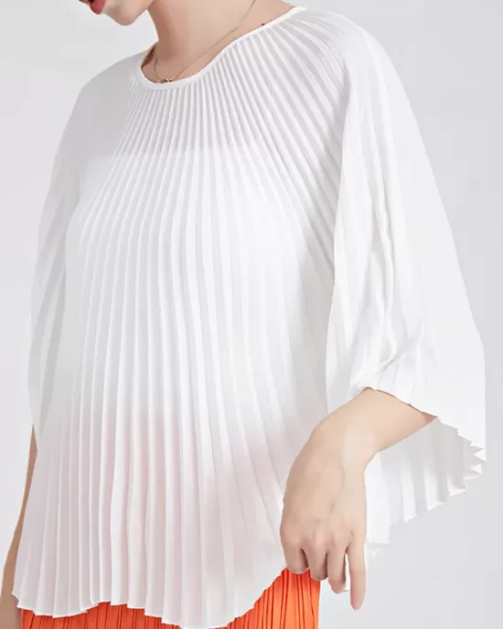 Pleated Solid Color Batwing Sleeves Loose Round-Neck T-Shirts Tops