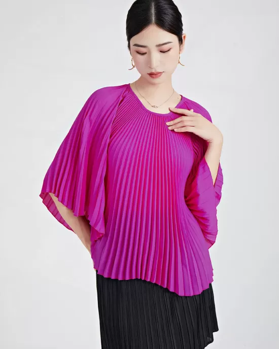 Pleated Solid Color Batwing Sleeves Loose Round-Neck T-Shirts Tops