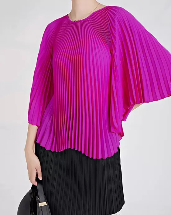 Pleated Solid Color Batwing Sleeves Loose Round-Neck T-Shirts Tops