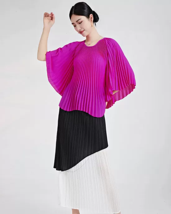 Pleated Solid Color Batwing Sleeves Loose Round-Neck T-Shirts Tops