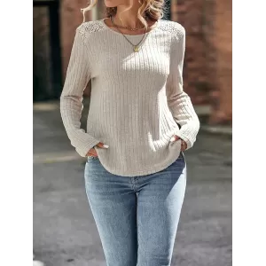 Hollow Split-Joint Long Sleeves Plus Size Round-Neck T-Shirts Tops