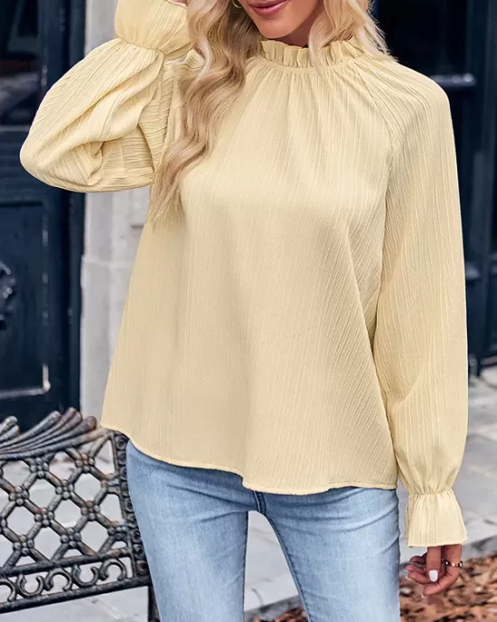 Elasticity Ruffled Solid Color Long Sleeves Ruffle Sleeves Mock Neck T-Shirts Tops