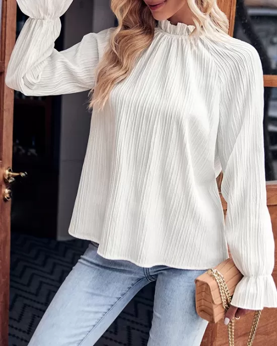 Elasticity Ruffled Solid Color Long Sleeves Ruffle Sleeves Mock Neck T-Shirts Tops