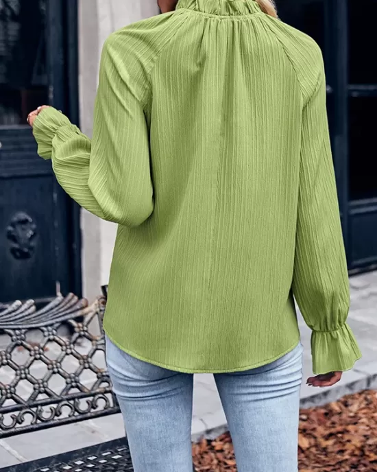 Elasticity Ruffled Solid Color Long Sleeves Ruffle Sleeves Mock Neck T-Shirts Tops