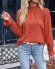 Elasticity Ruffled Solid Color Long Sleeves Ruffle Sleeves Mock Neck T-Shirts Tops