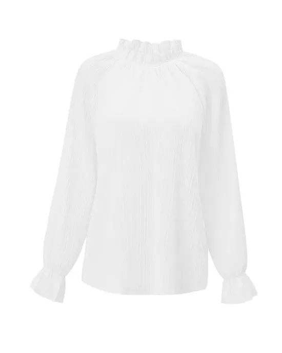 Elasticity Ruffled Solid Color Long Sleeves Ruffle Sleeves Mock Neck T-Shirts Tops