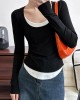 Contrast Color False Two Long Sleeves Round-Neck T-Shirts Tops