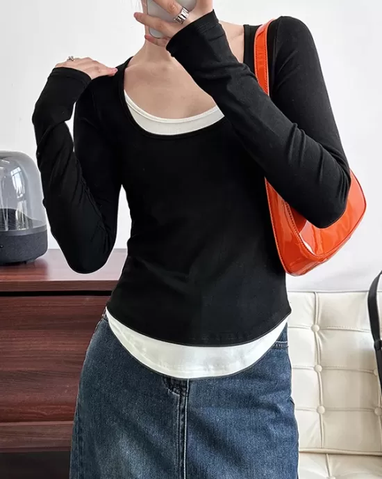 Contrast Color False Two Long Sleeves Round-Neck T-Shirts Tops