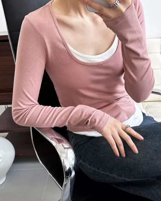 Contrast Color False Two Long Sleeves Round-Neck T-Shirts Tops