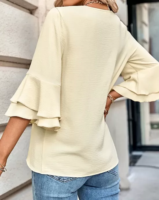 Solid Color Half Sleeves Loose V-Neck T-Shirts Tops