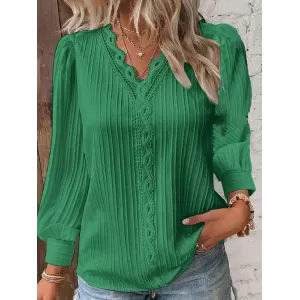 Hollow Solid Color Long Sleeves Loose V-Neck T-Shirts