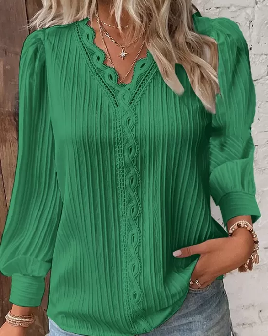 Hollow Solid Color Long Sleeves Loose V-Neck T-Shirts