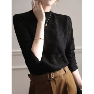 Hollow Jacquard Solid Color Long Sleeves T-Shirts Tops Knitwear