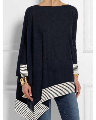 Batwing Sleeves Long Sleeves Split-Joint Striped Round-Neck T-Shirts