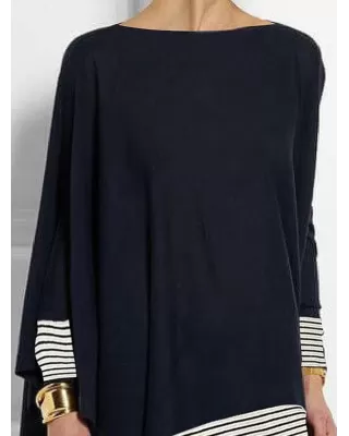 Batwing Sleeves Long Sleeves Split-Joint Striped Round-Neck T-Shirts