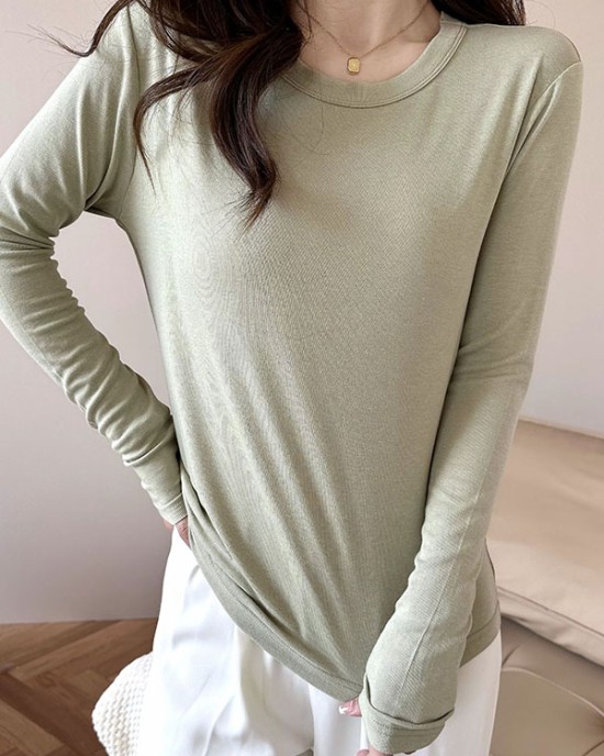 Solid Color Long Sleeves Round-neck Skinny T-Shirts Tops