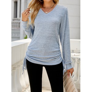 Drawstring Solid Color Tied Long Sleeves Loose V-Neck T-Shirts Tops