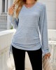 Drawstring Solid Color Tied Long Sleeves Loose V-Neck T-Shirts Tops