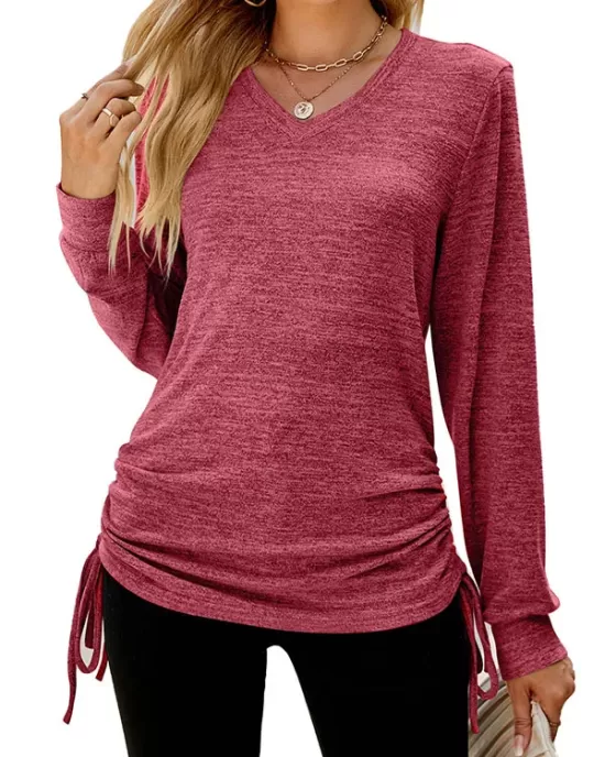 Drawstring Solid Color Tied Long Sleeves Loose V-Neck T-Shirts Tops