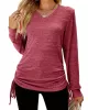 Drawstring Solid Color Tied Long Sleeves Loose V-Neck T-Shirts Tops